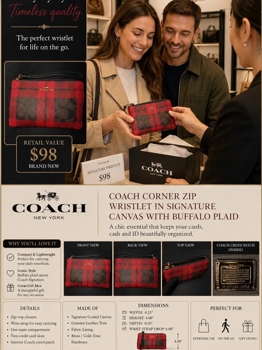 Coach Corner Zip Wristlet in Signature Buffalo 🦬 Canvas Plaid